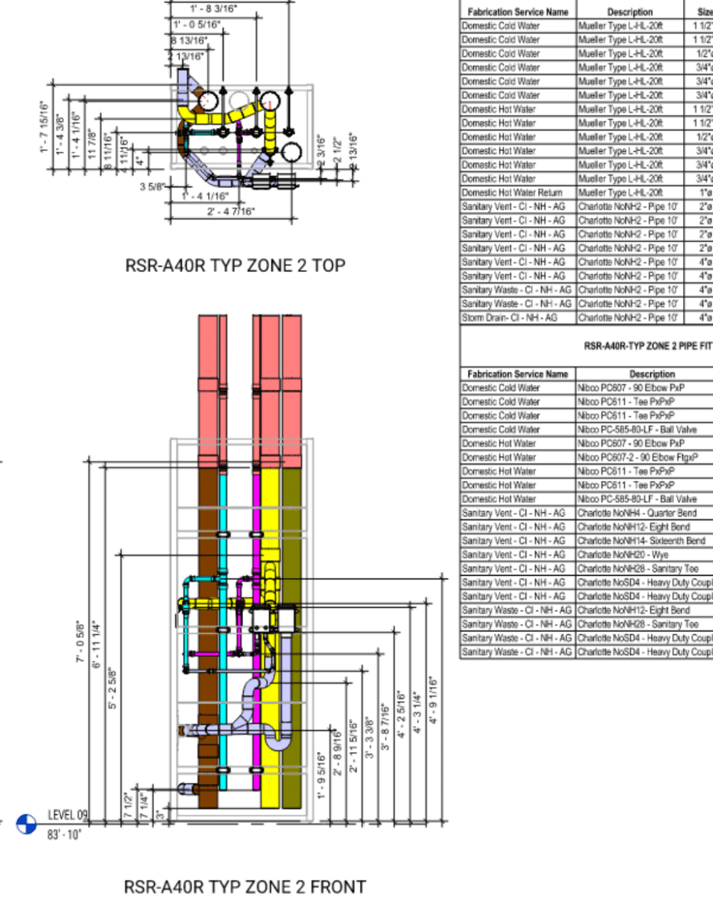 Detailed plumbing riser assembly drawing showing pipe framing, hangers, fittings, and material schedules. The sheet includes front and side elevations of prefabricated Mechanical & Plumbing risers used for vertical pipe routing in a modular installation.