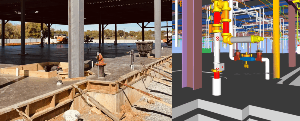 Side-by-side jobsite vs. BIM model of a Mechanical & Plumbing riser room showing sleeves, valves, and piping; demonstrates clash-free coordination and prefab-ready installation planning.